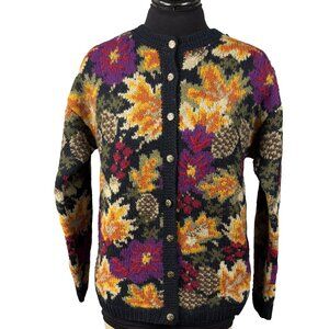 REI Hand Knit Wool Cardigan Button Front Floral Pattern Womens M